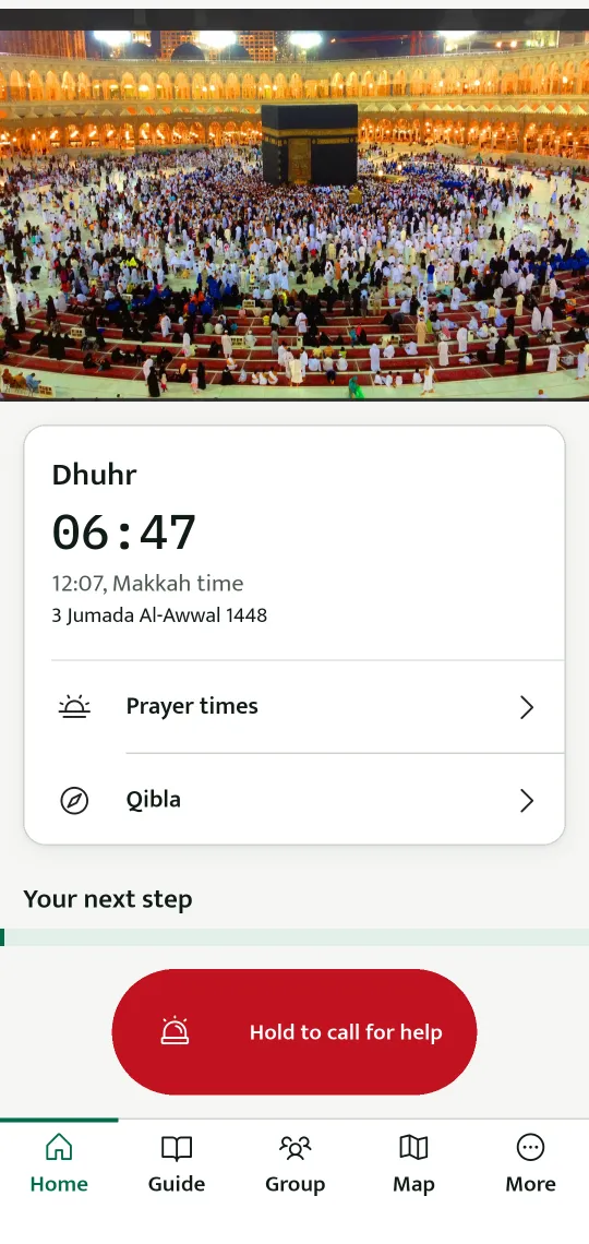 A screen of the app: the Home tab, with the time left to the next prayer, the prayer times, the Qibla and the button to hold for help.