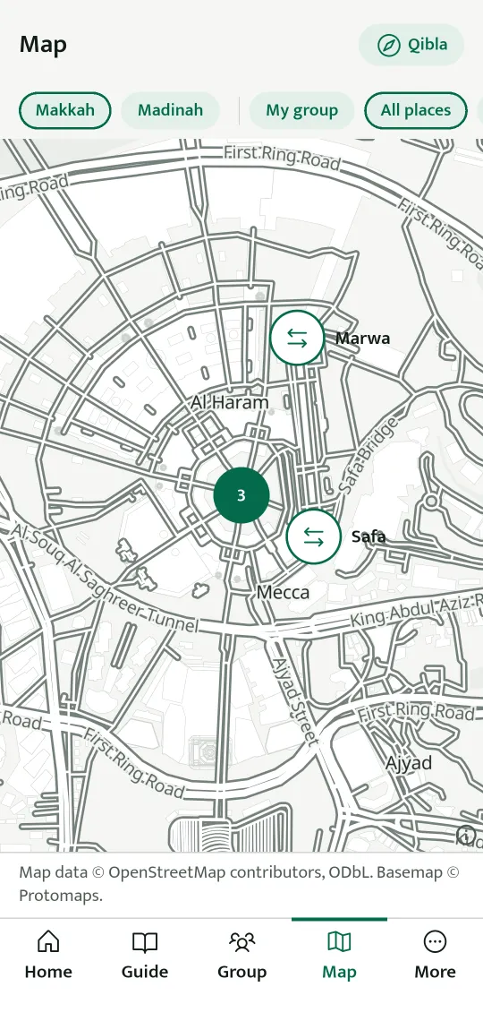 A screen of the app: the offline map of Makkah, with Al Haram, Safa and Marwa marked and the OpenStreetMap credit below it.