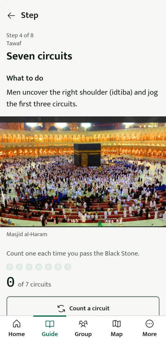 A screen of the app: step 4 of 8 of Umrah, the seven circuits of tawaf, with what to do and a counter for the circuits.